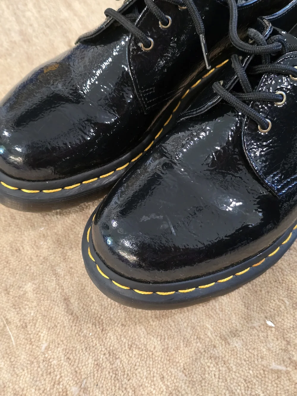 Dr. Martens Black Patent Leather Lace-Up Oxfords with Yellow Stitching